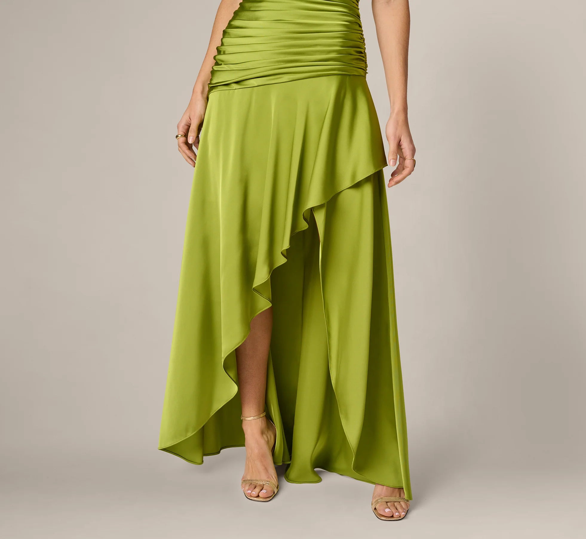 Asymmetrical High Low Stretch Satin Drop Waist Gown In Martini Olive