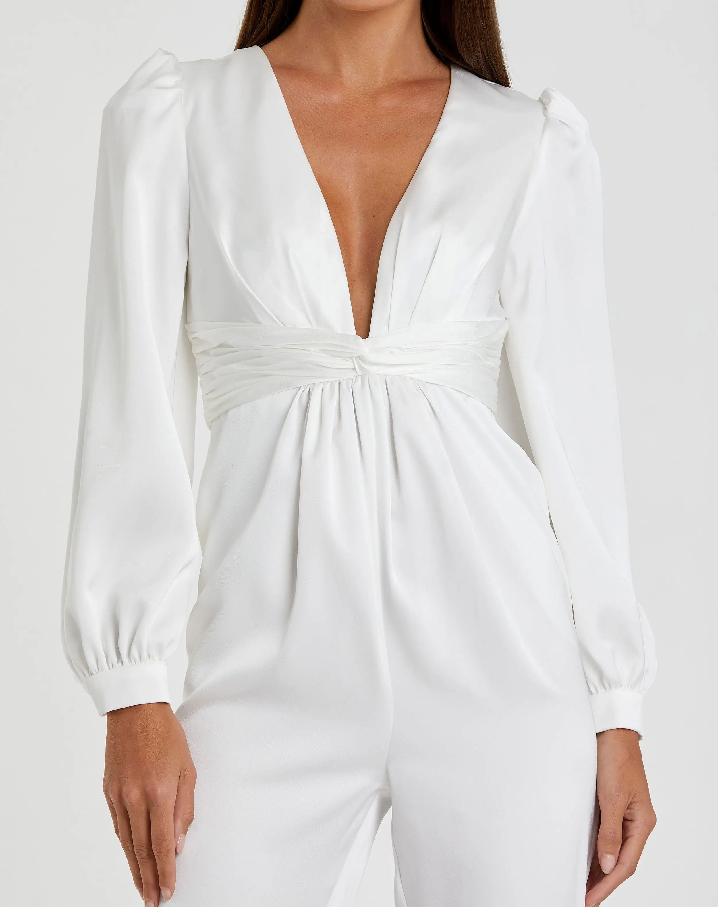 White Front Twist Puff Sleeve Deep V Jumpsuit