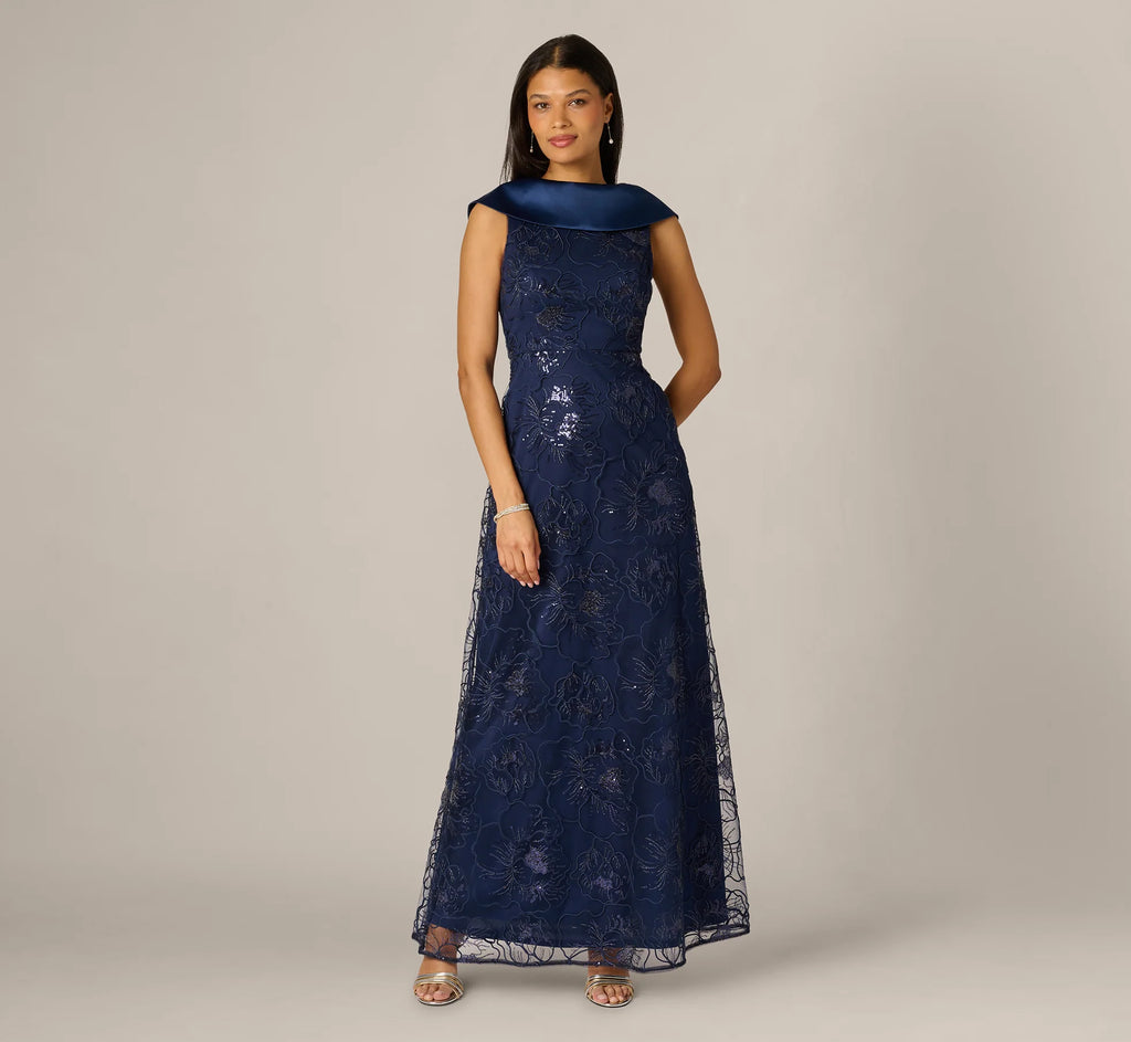 Floral Embroidered Satin Roll Collar Gown In Midnight