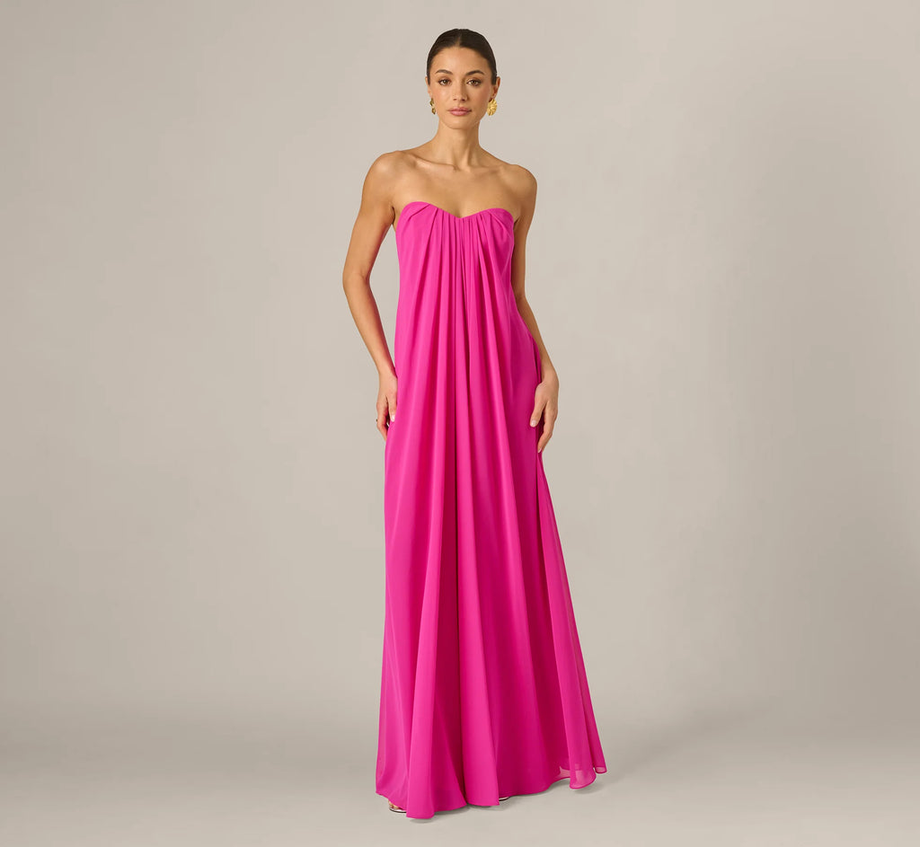 Strapless Chiffon Trapeze Gown In Pink Flame