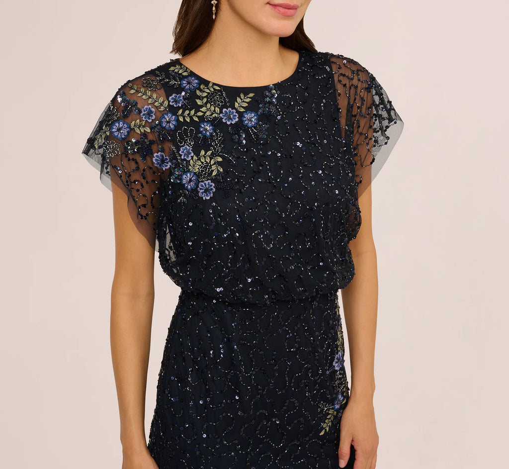 Short Sleeve Beaded Floral Embroidery Gown In Midnight Multi