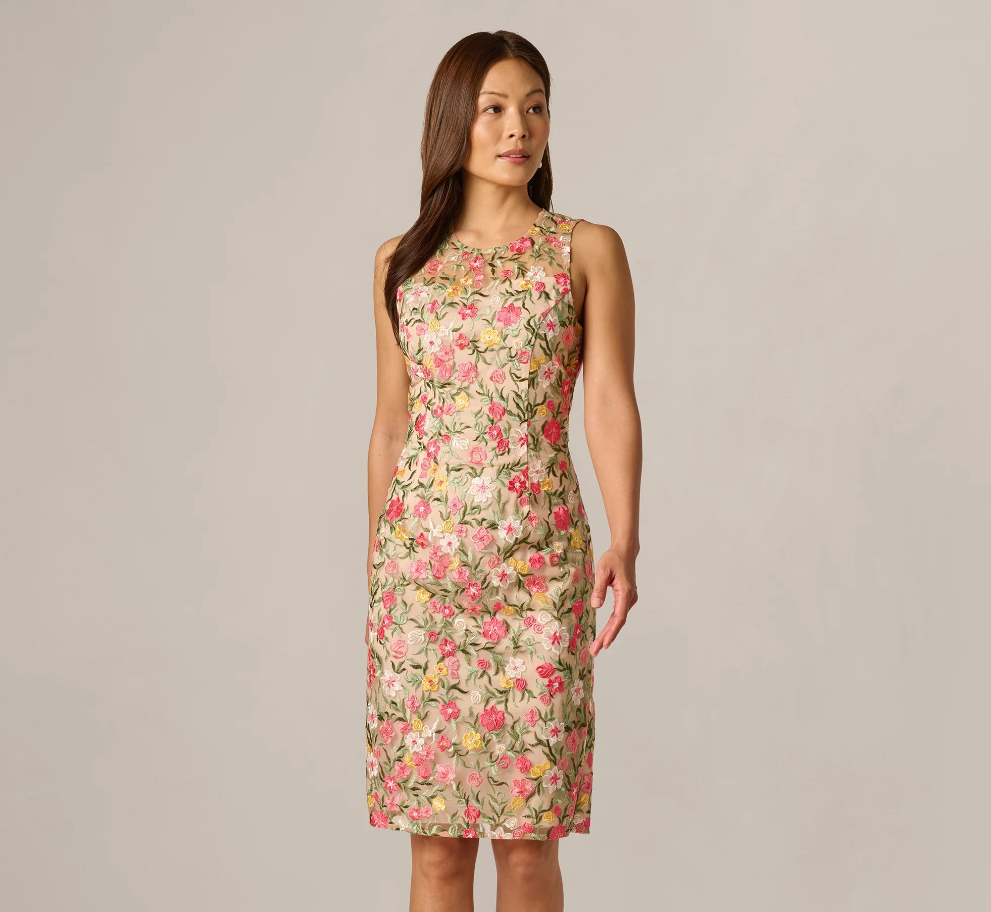 Floral Embroidered Illusion Sheath Dress In Coral Multi