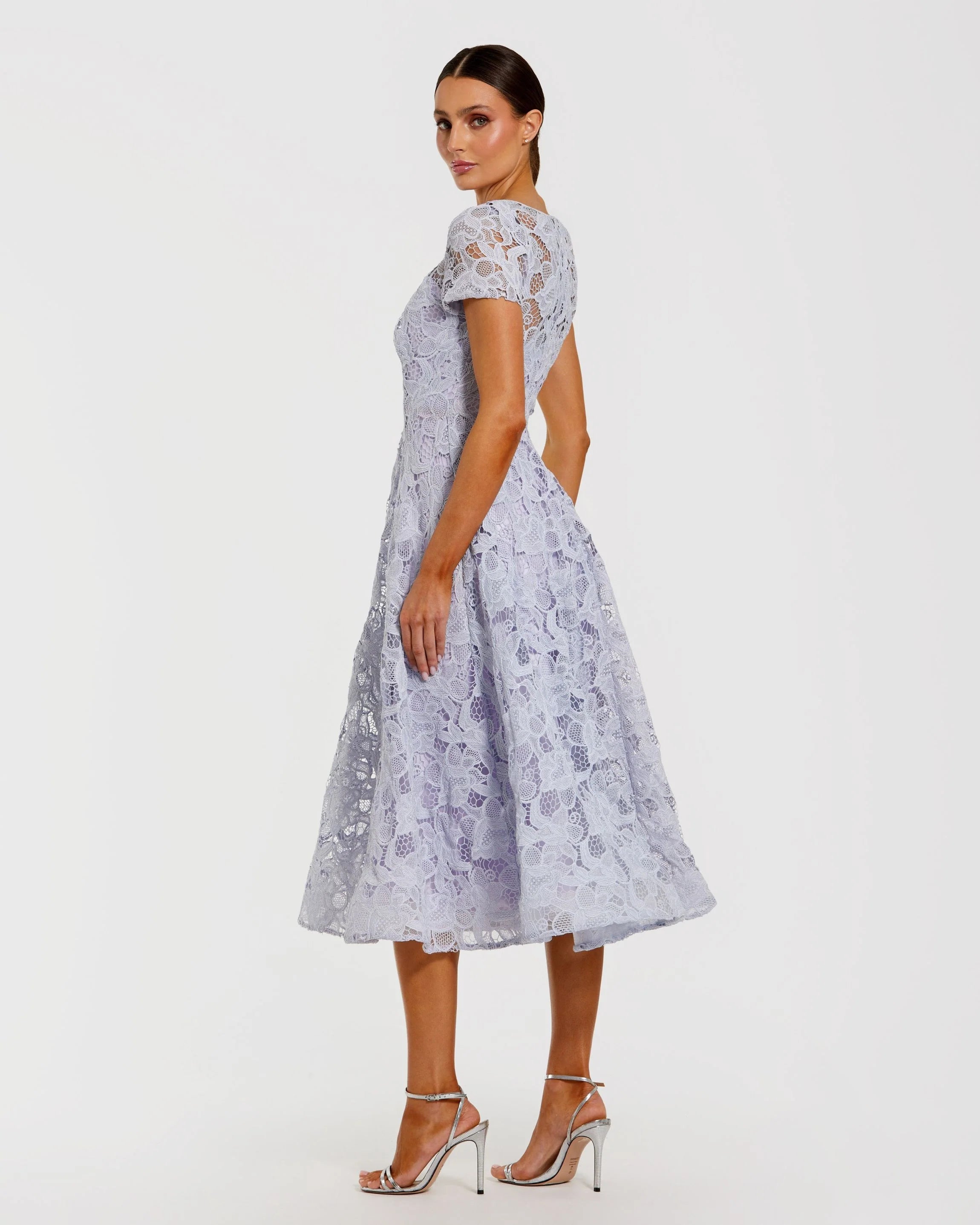 Purple Lace Short Sleeve Midi Dress