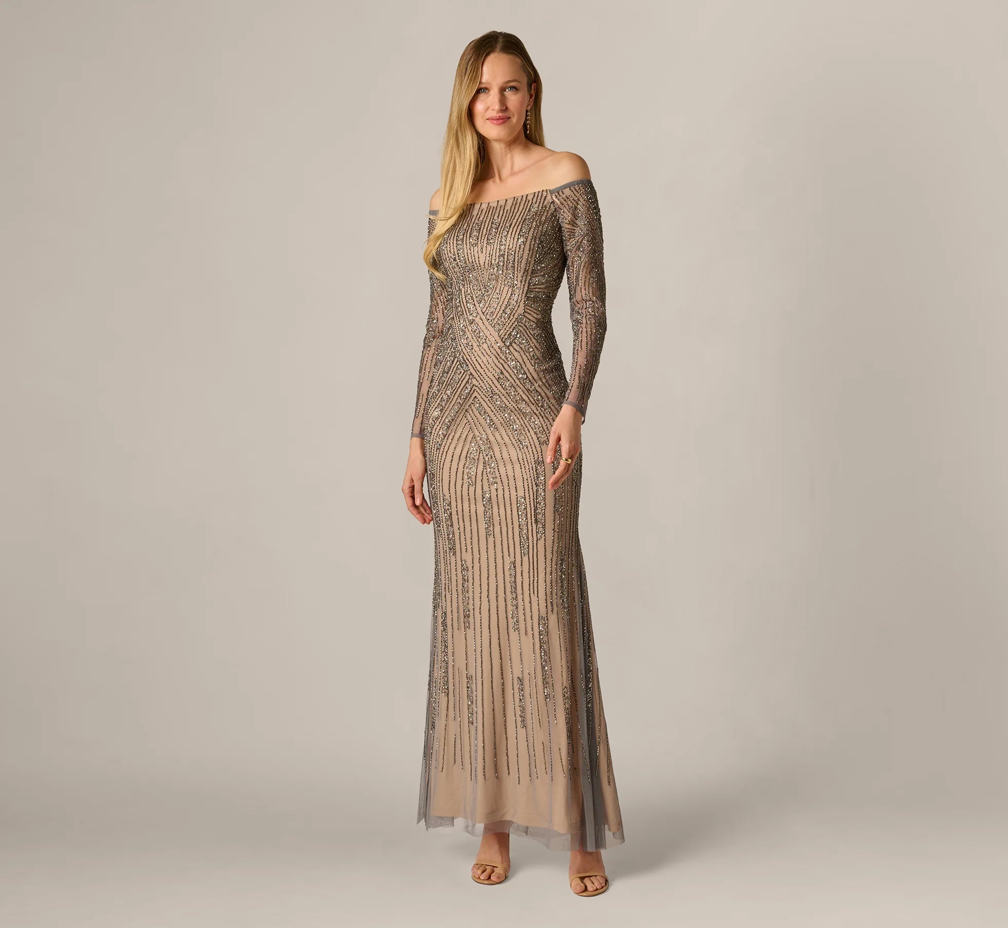 Hand Beaded Off Shoulder Gown In Sterling