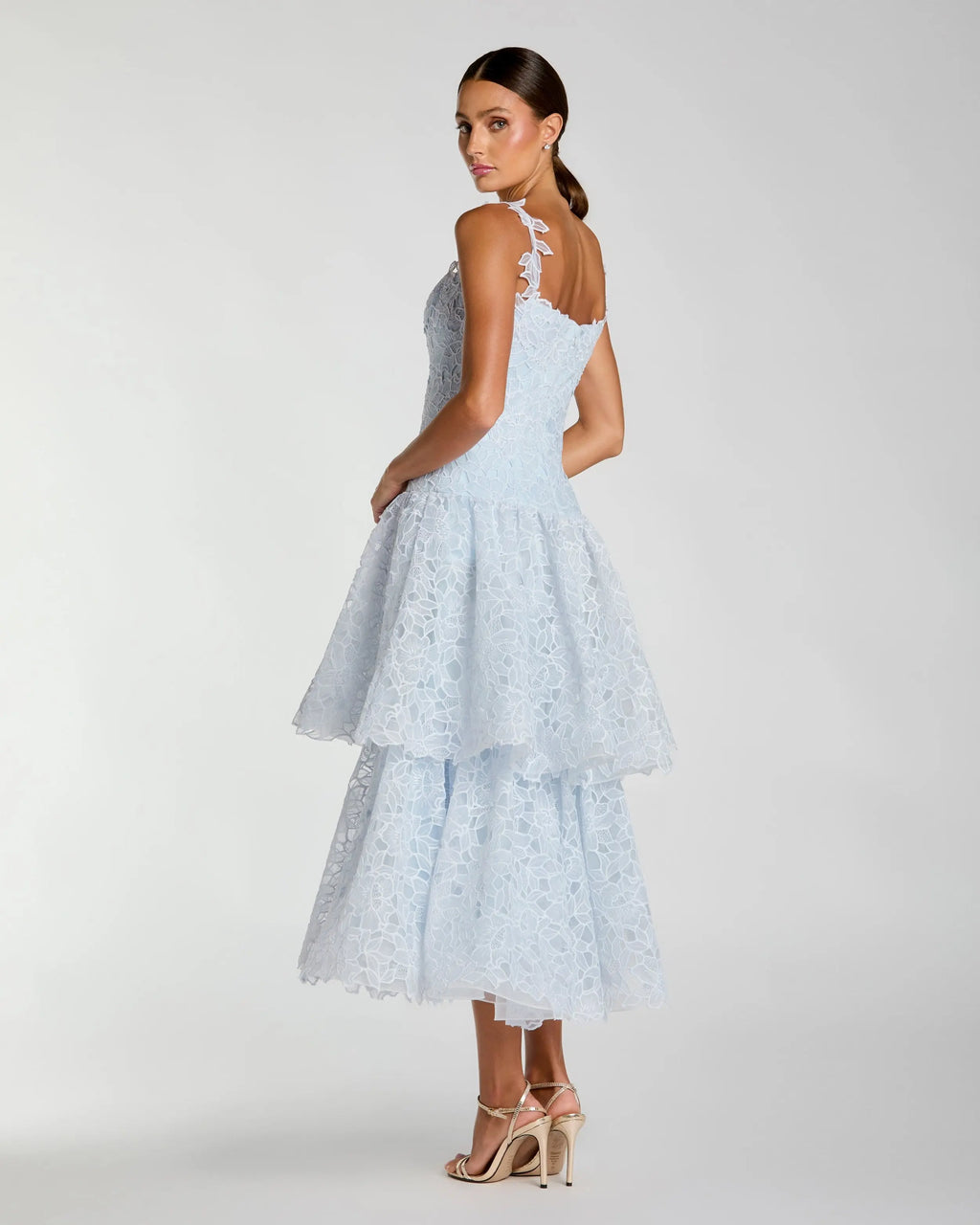 Blue Sleeveless Embroidered Lace Tiered Midi Dress