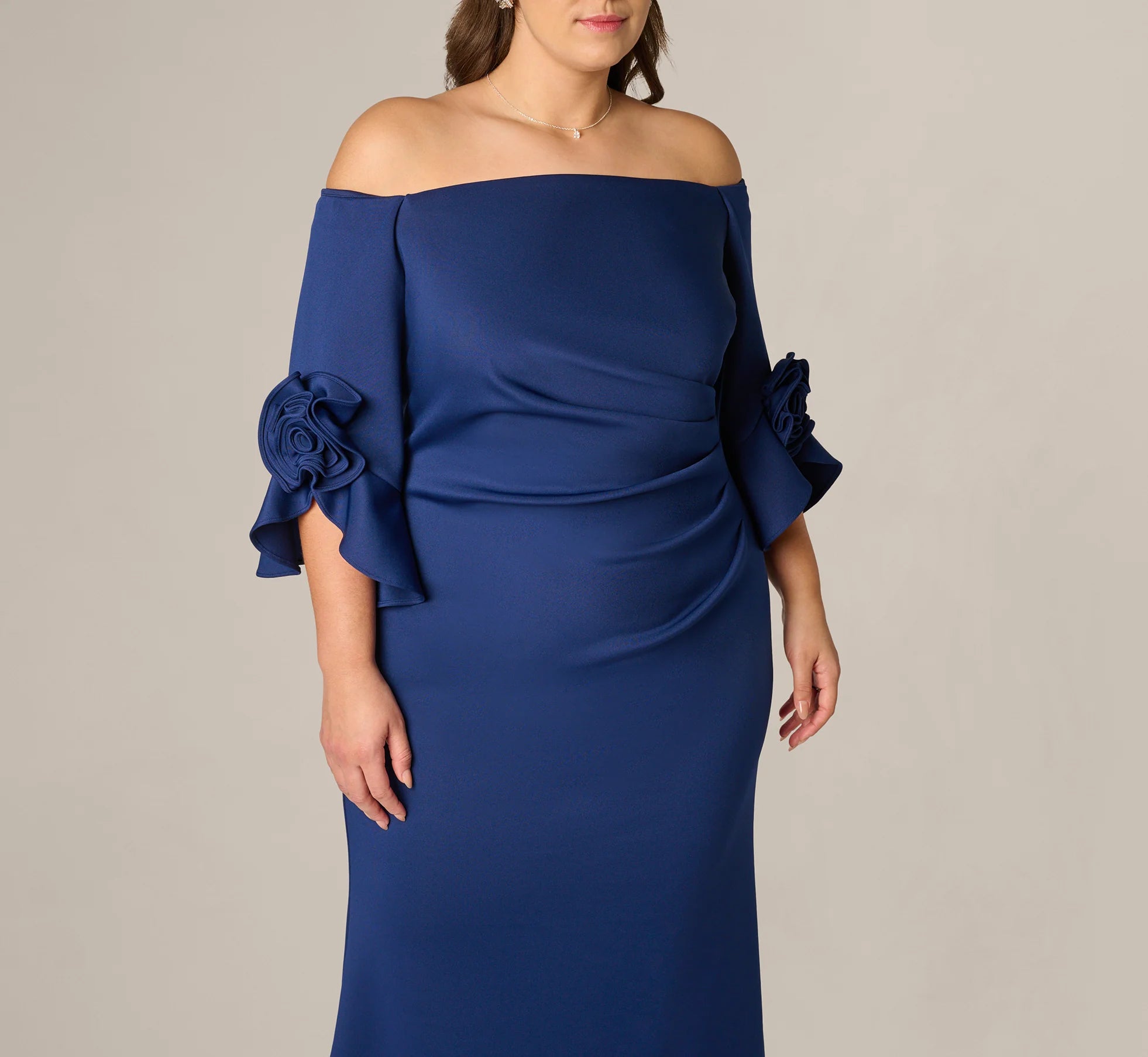 Plus Size Off Shoulder Bell Sleeve Rosette Gown In Navy Sateen