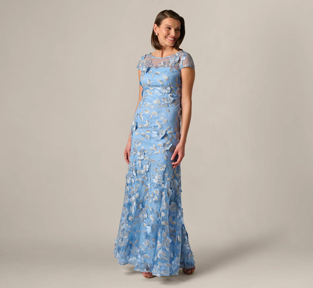 Cap Sleeve Floral Embroidered Illusion Godet Gown In Light Blue Gold