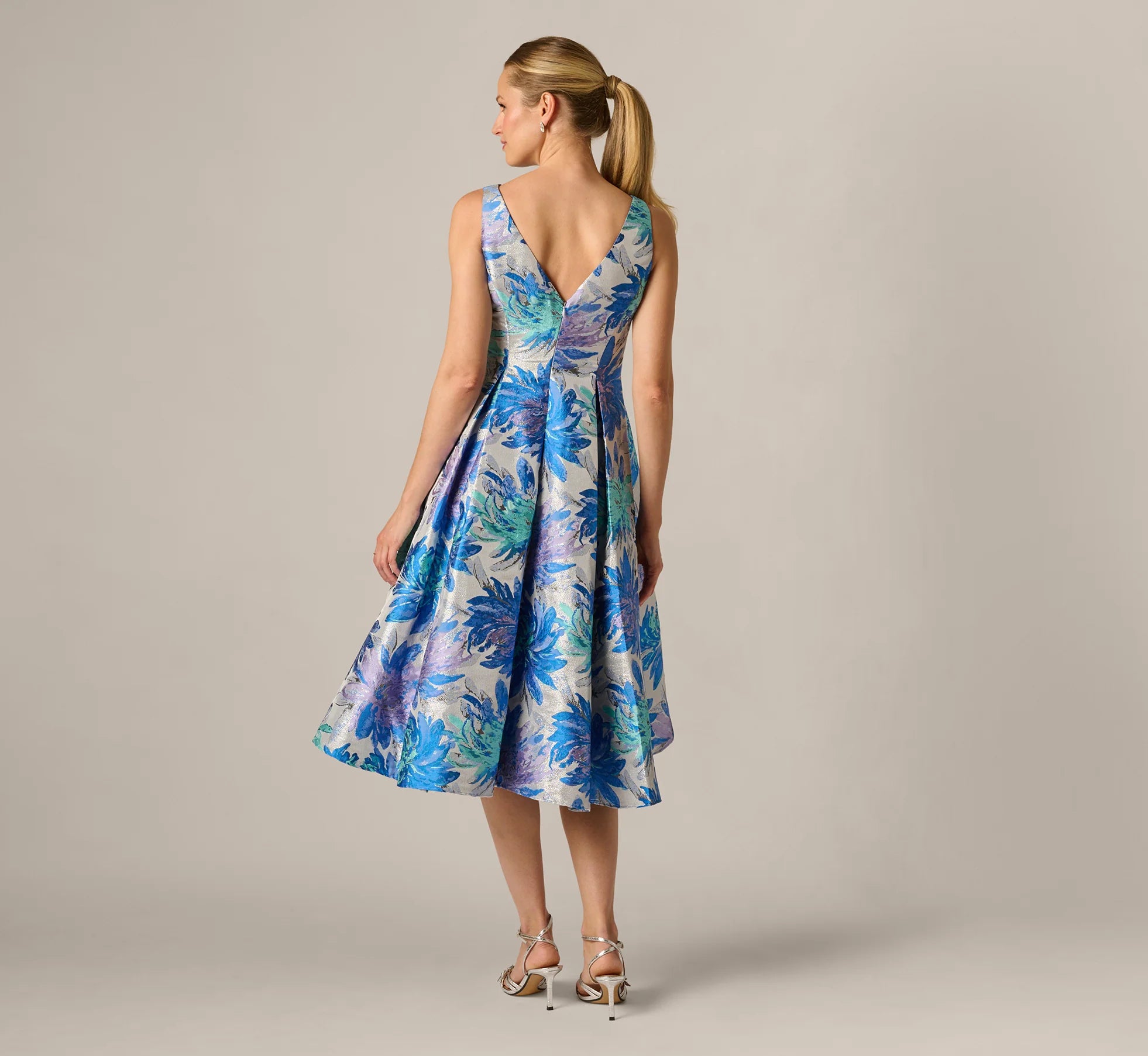 Chrysanthemum Floral Jacquard Fit And Flare Tea Length Dress In Blue Multi