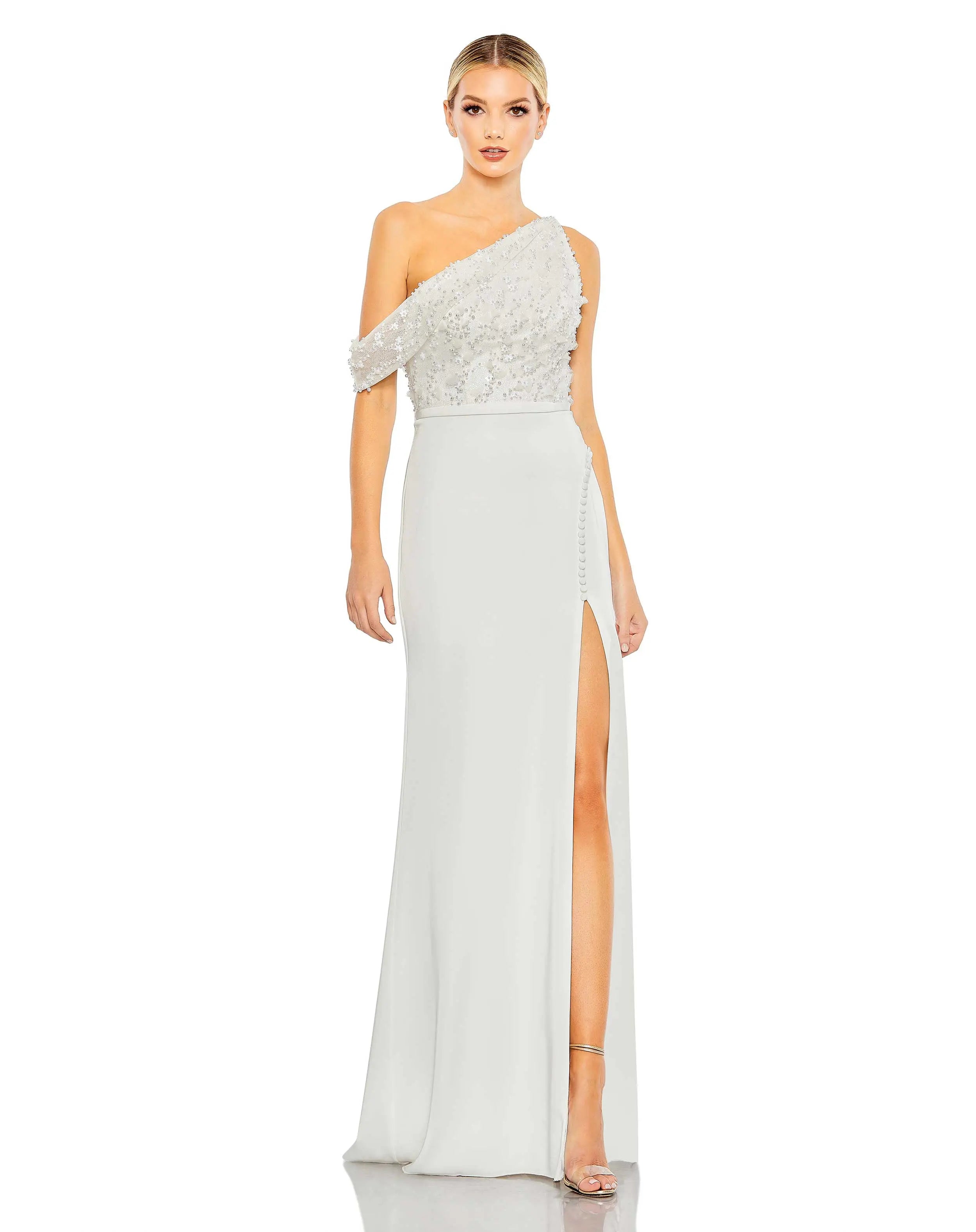 White Embellished Drop Shoulder Column Gown - FINAL SALE