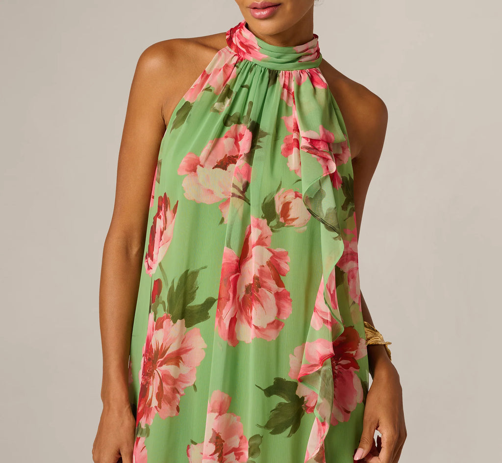 Draped Floral Chiffon Halter Trapeze Gown In Lime Multi