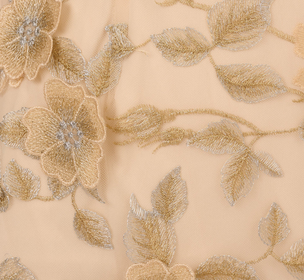 Cap Sleeve Floral Embroidered Illusion Godet Gown In Champagne