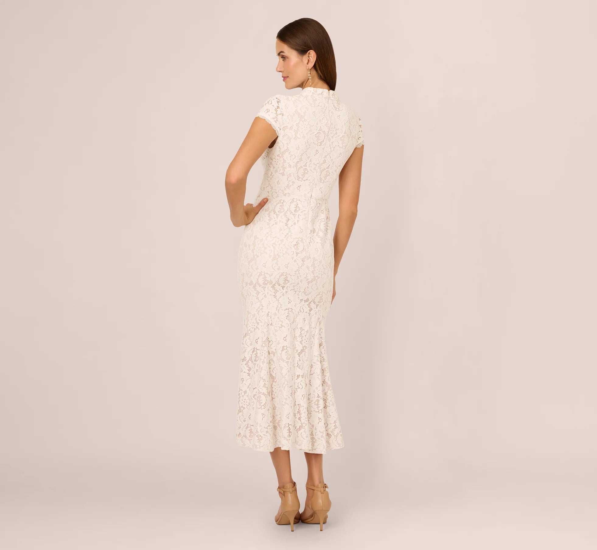 Cap Sleeve Lace Midi Dress In Ivory Nude