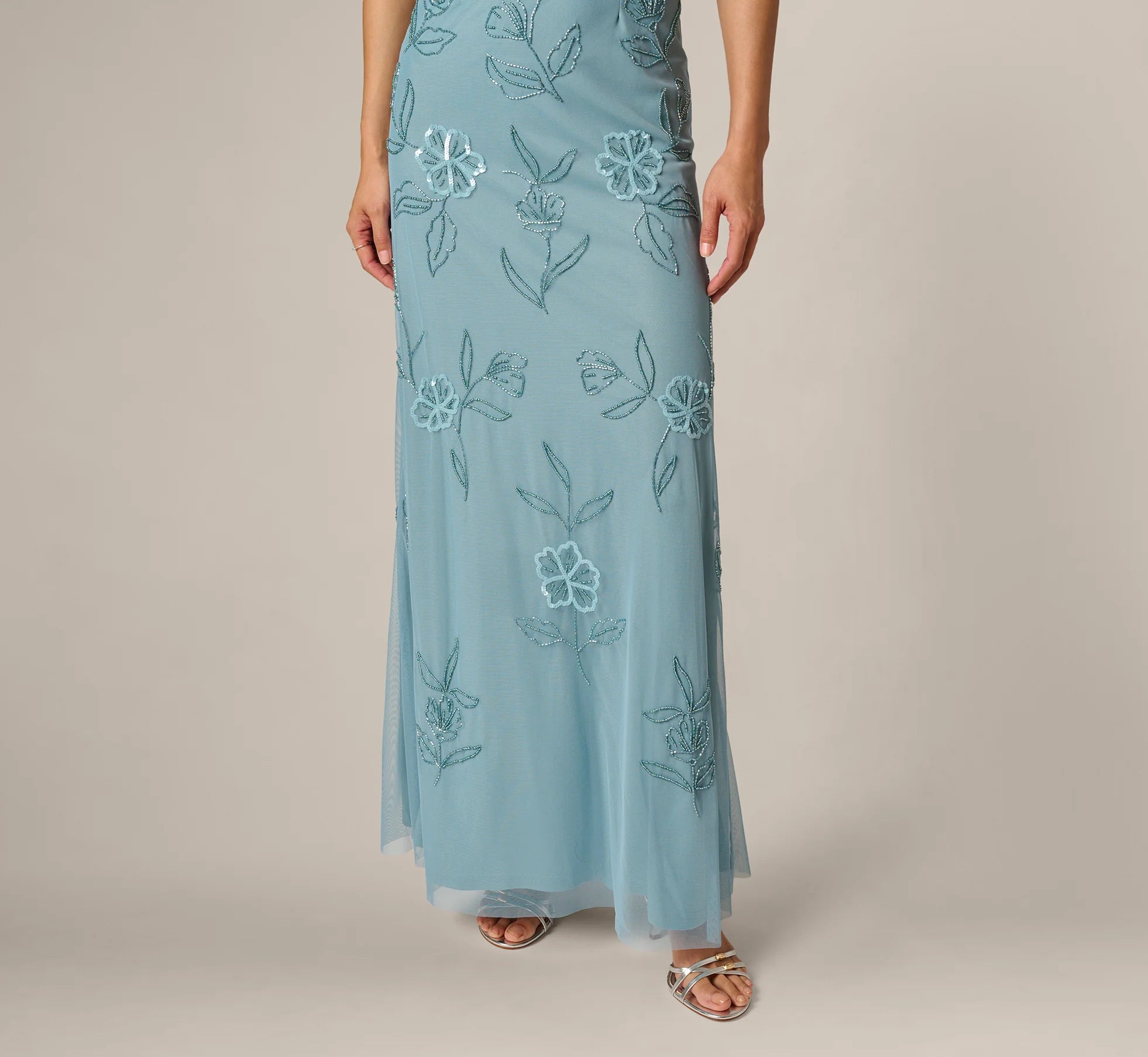 Flutter Sleeve Floral Beaded Blouson Gown In Air Sky
