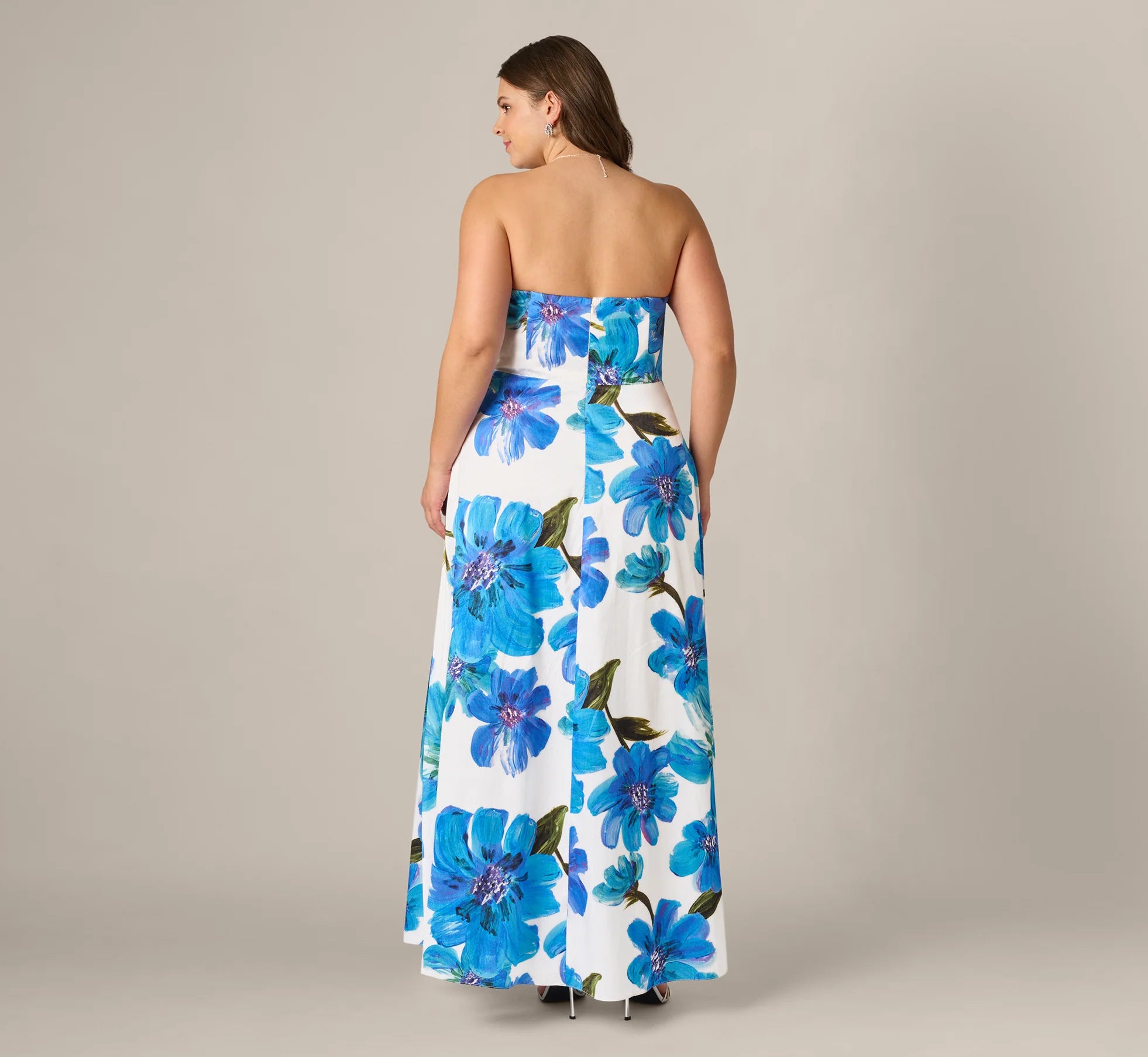 Plus Size Strapless 3D Floral Beaded Dupioni Gown In Ivory Blue Multi