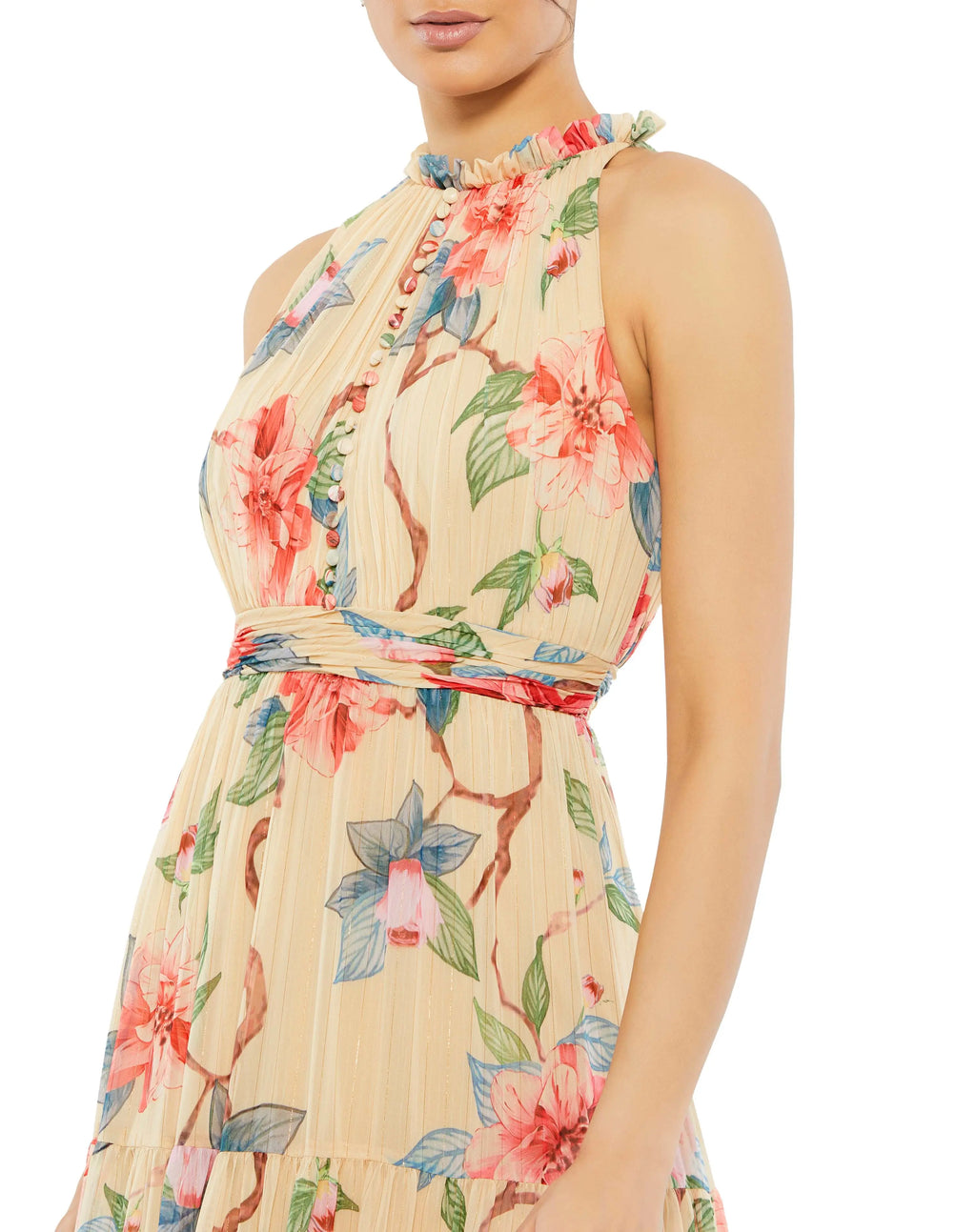 Beige Floral Halter Neck Maxi Dress