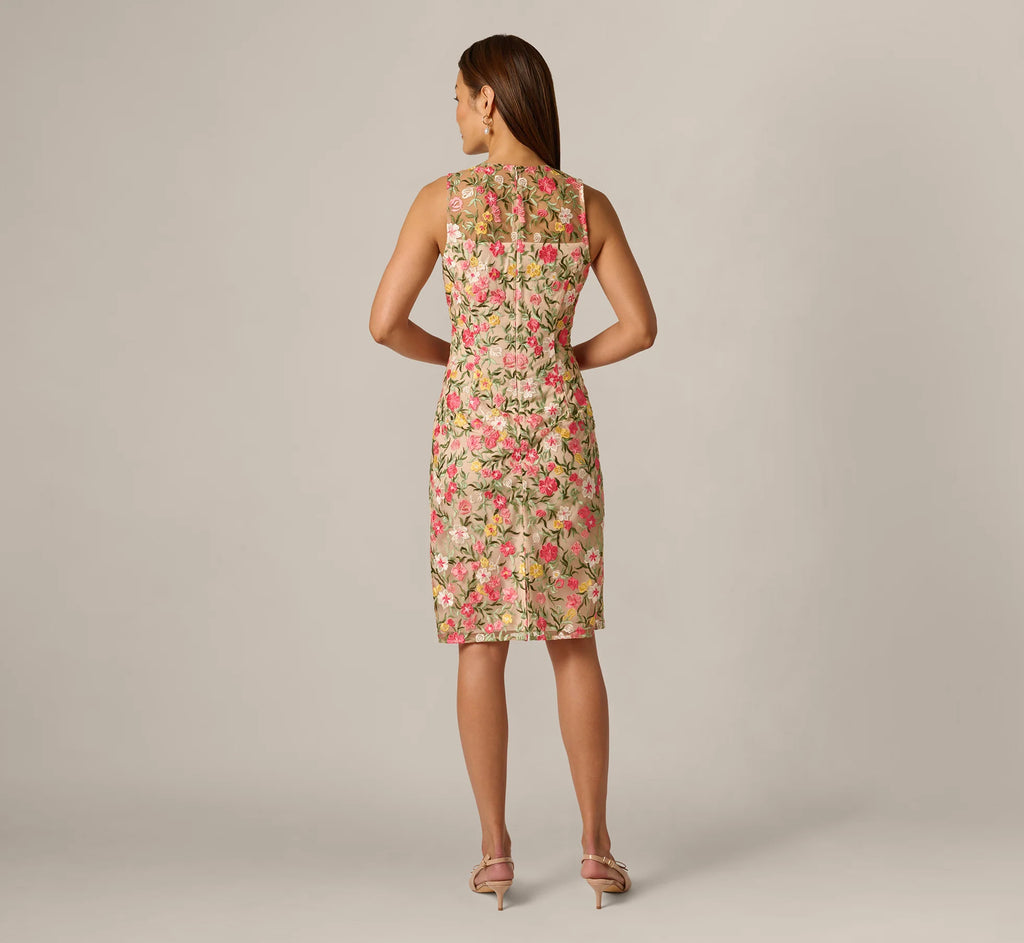 Floral Embroidered Illusion Sheath Dress In Coral Multi