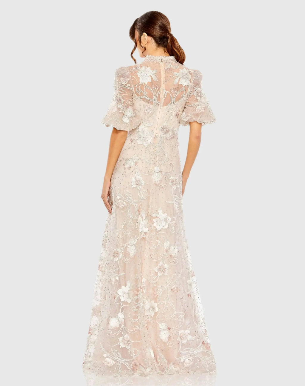 Petite Pink Queen Anne Puff Sleeve A-Line Gown