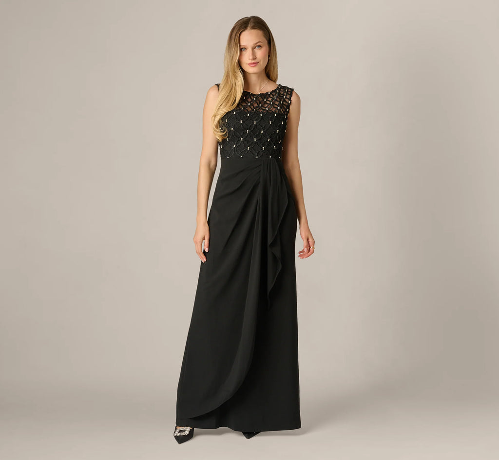Draped Crepe Beaded Combo Gown In Black