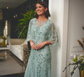 Floral Beaded Godet Cape Gown In Aqua Dust