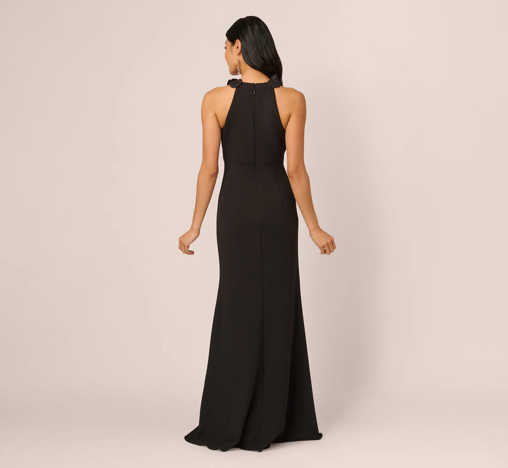 Floral Embellished Crossover Halter Gown In Black