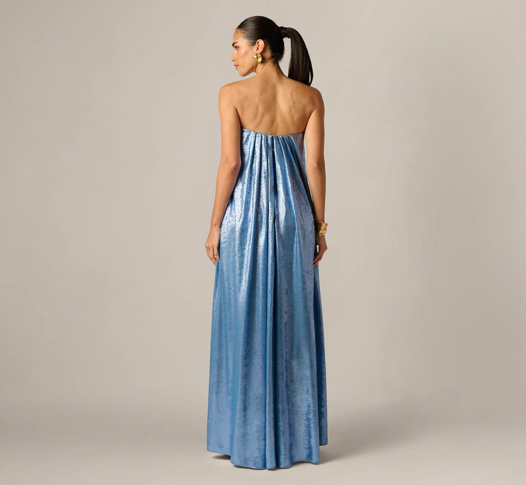 Strapless Foil Chiffon Trapeze Gown In Azure Blue