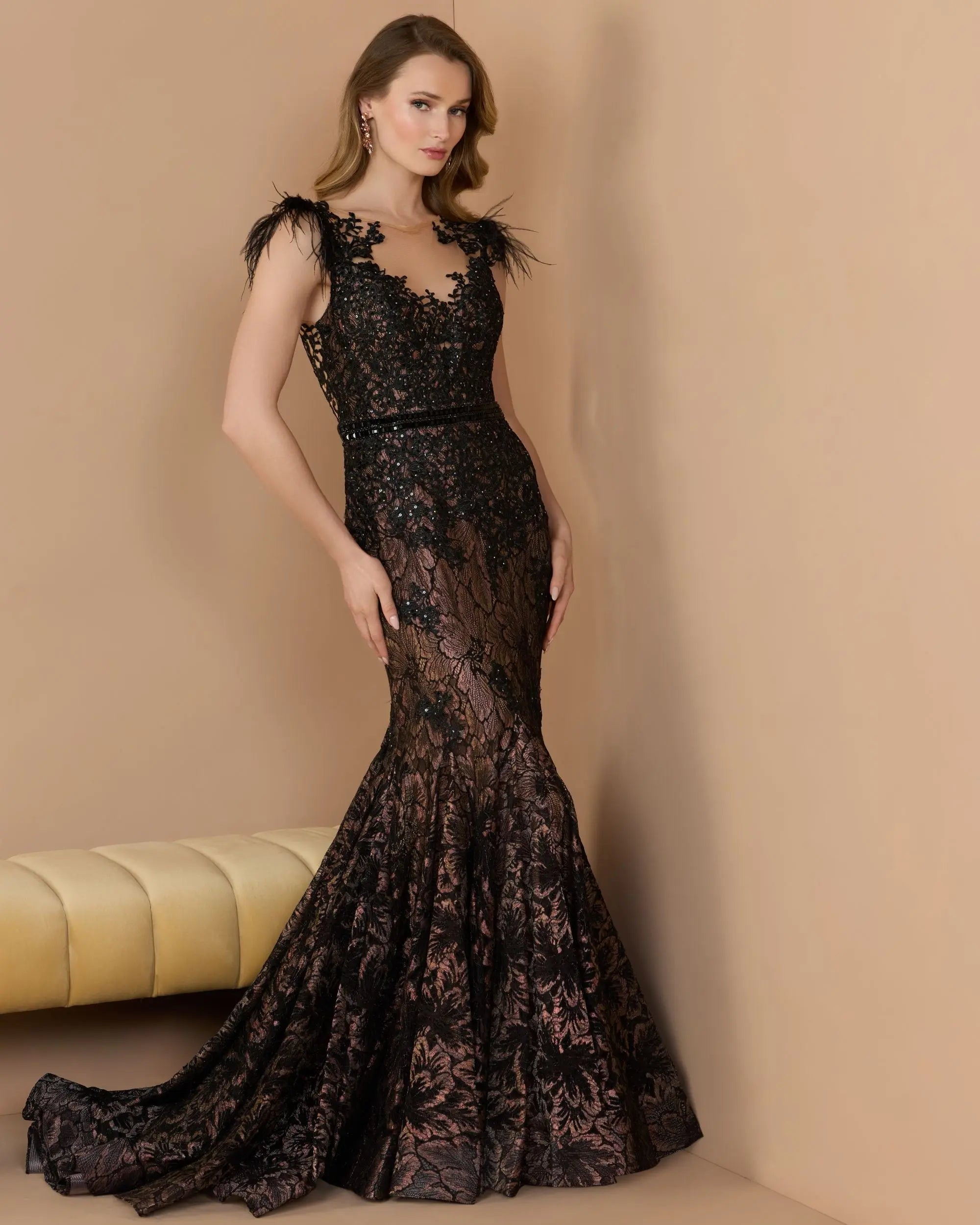 Black Embellished Lace High Neck Gown With Feather Sleeves