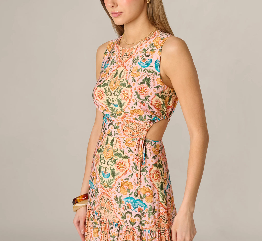 Floral Printed Cutout Drop Waist Midi Dress In Peach Multi