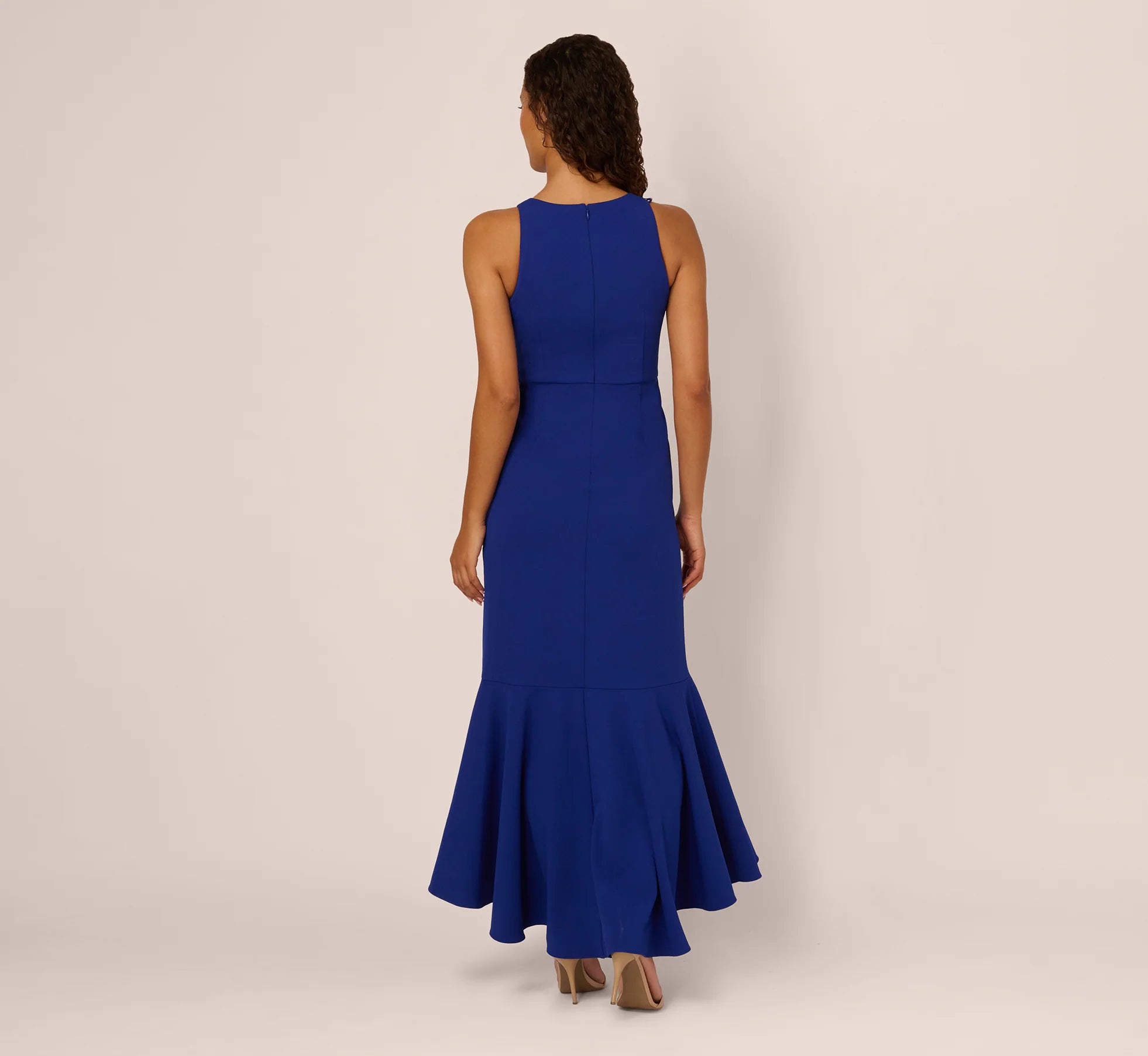 Bead Accent Crepe Halter Gown In Royal Sapphire
