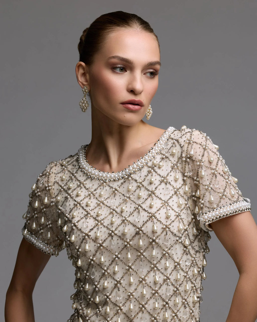 Ivory Pearl Embellished Short Sleeve Mini Dress