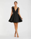 Black Crepe Sleeveless V-Neck Mini Dress With Bow