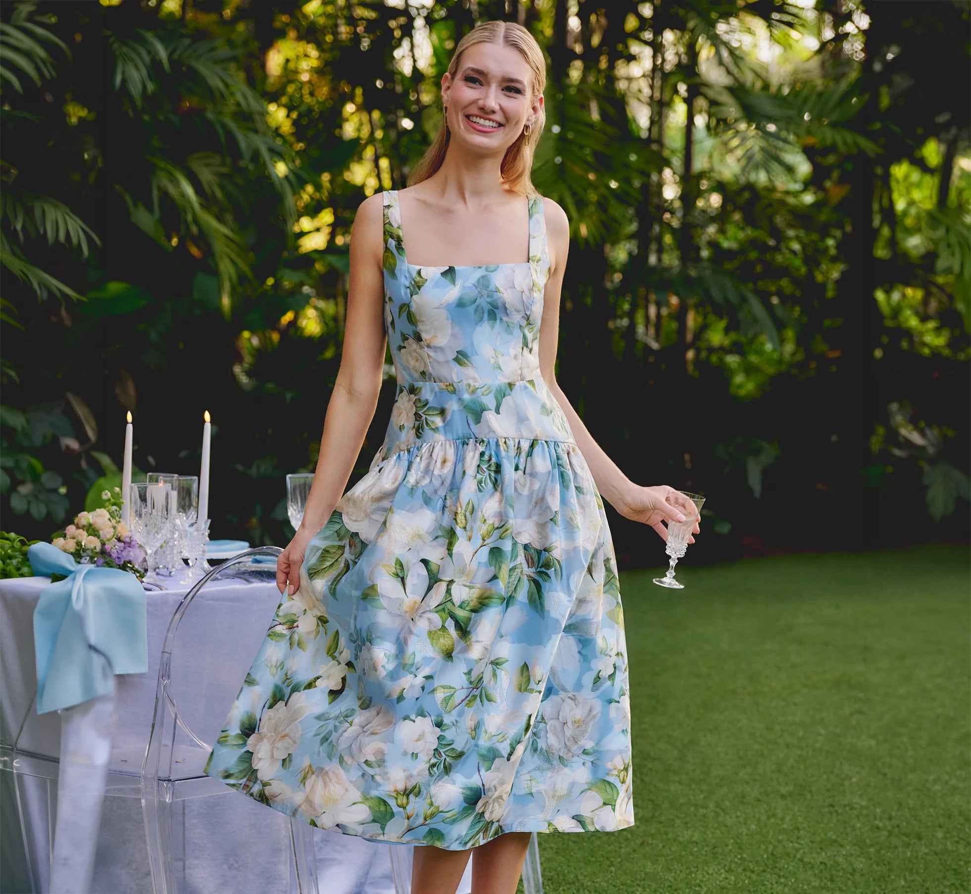 Square Neck Drop Waist Floral Jacquard Dress In Blue Multi