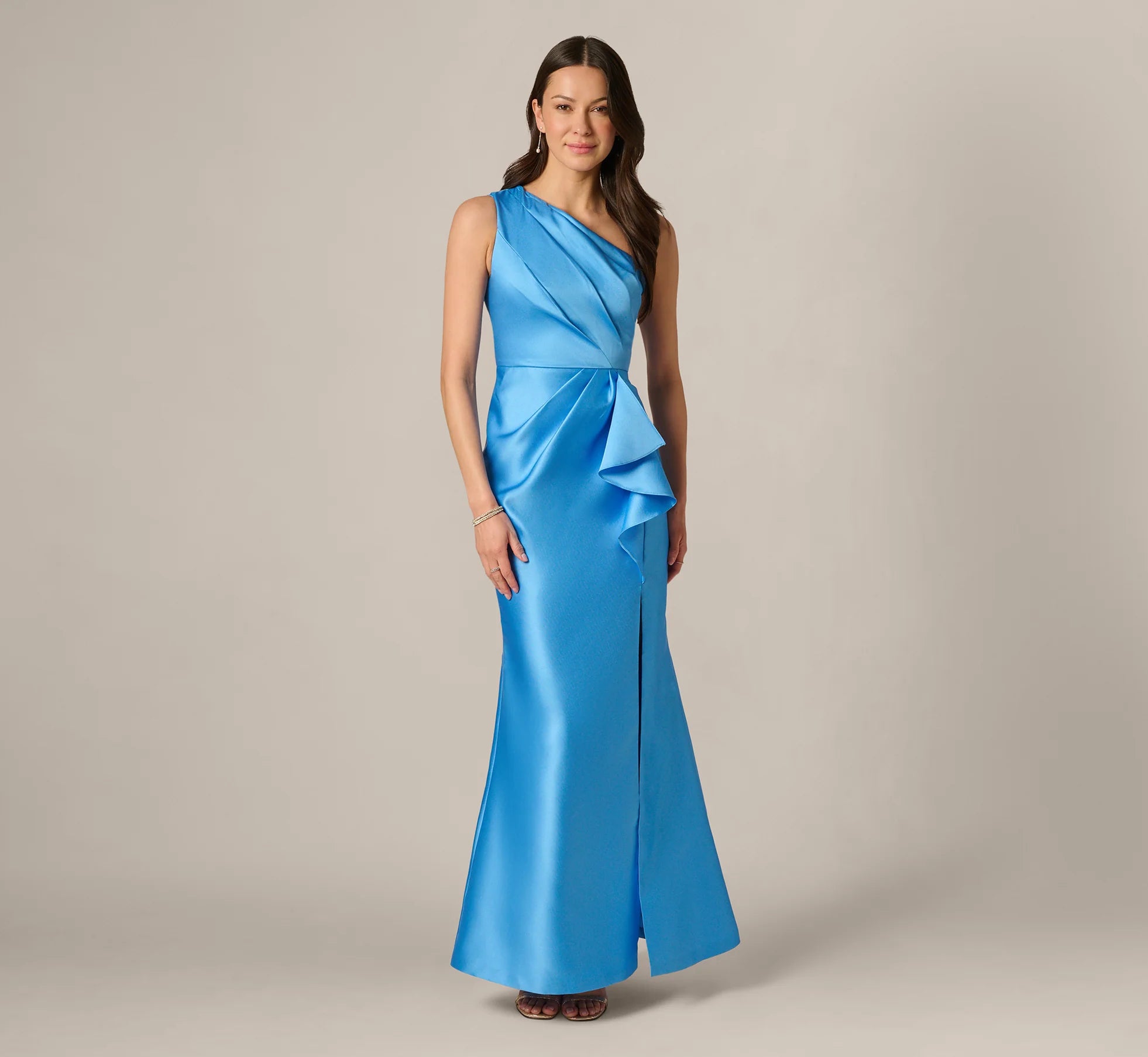 One Shoulder Draped Mikado Gown In Cool Cloud