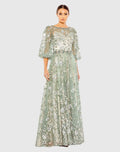 Green Embroidered A-Line Gown With 3/4 Puff Sleeves