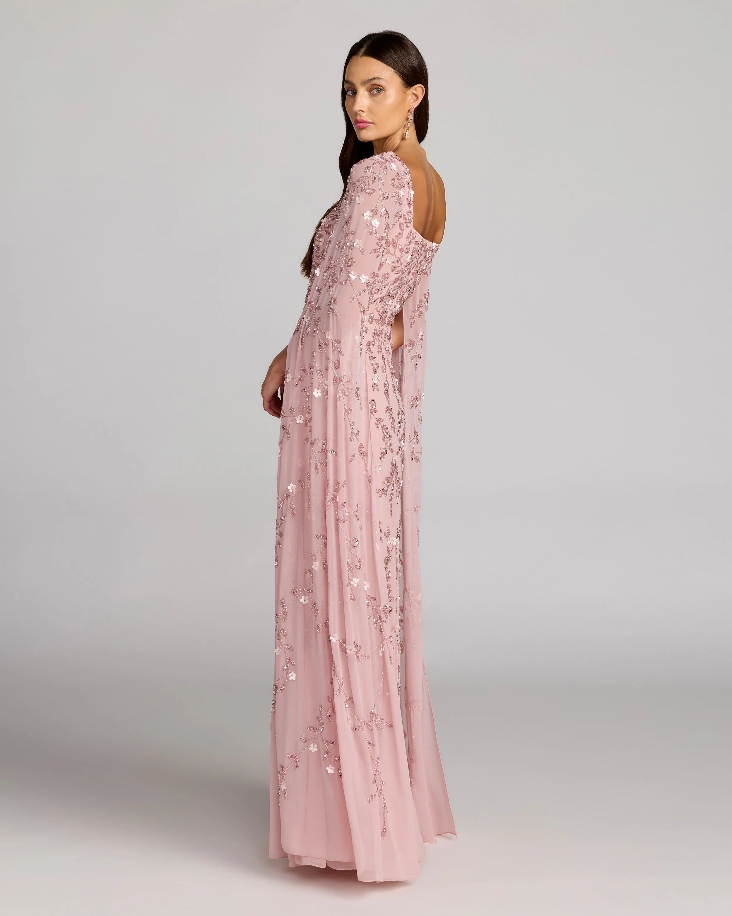 Floral Embellished Cape Sleeve Gown