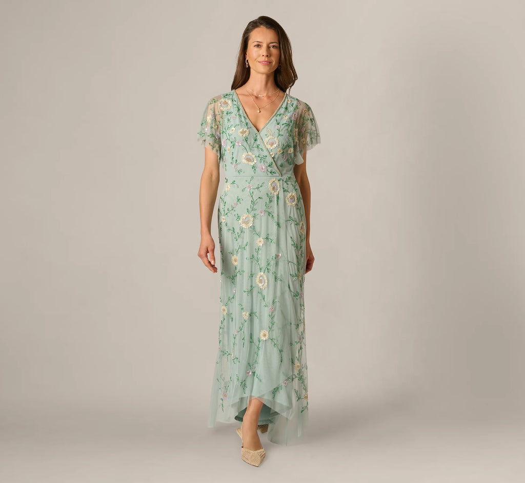 Flutter Sleeve Beaded Wrap Dress In Aqua Dust