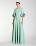 Crepe 3/4 Sleeve A-line Gown With Flower Trim