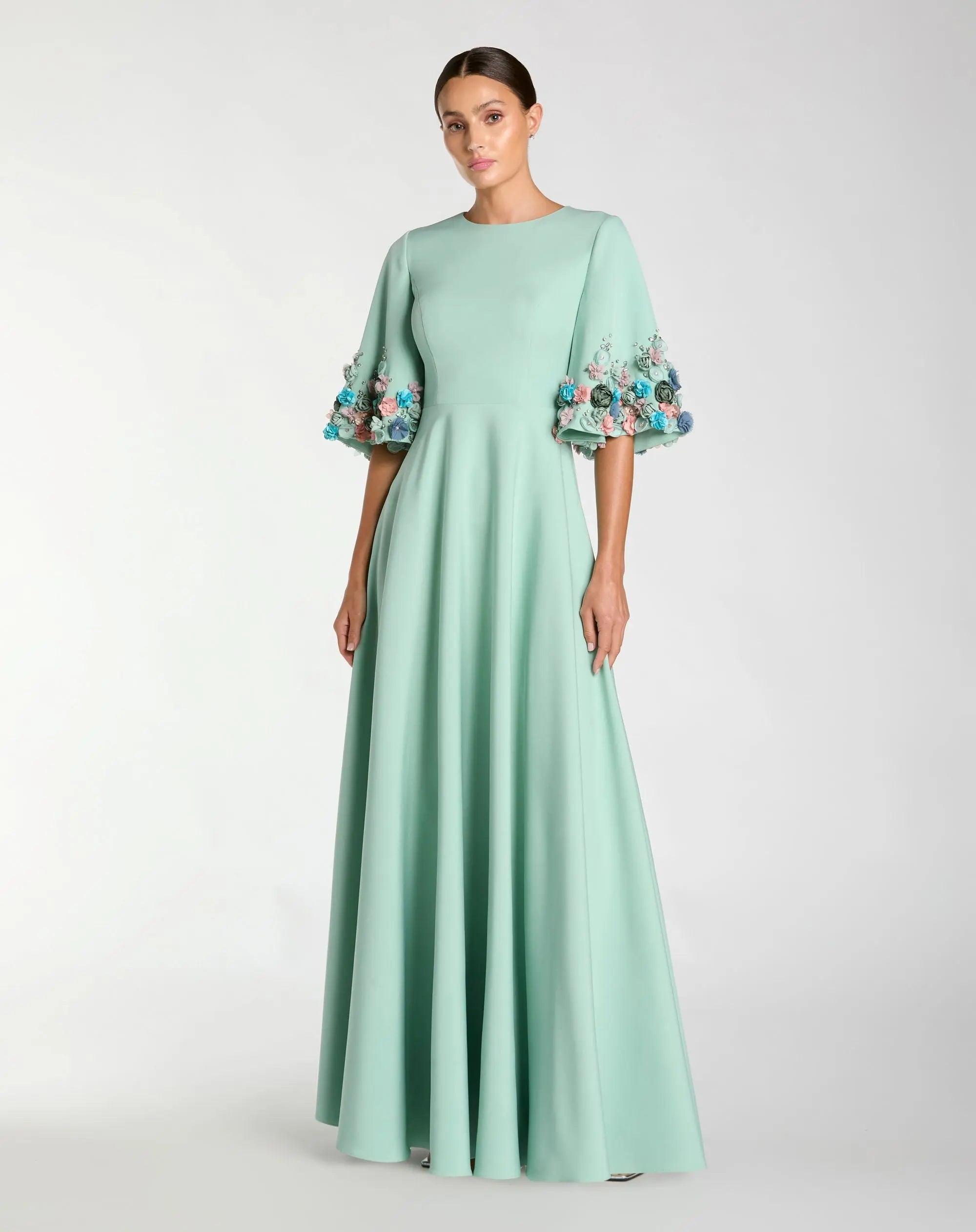 Crepe 3/4 Sleeve A-line Gown With Flower Trim