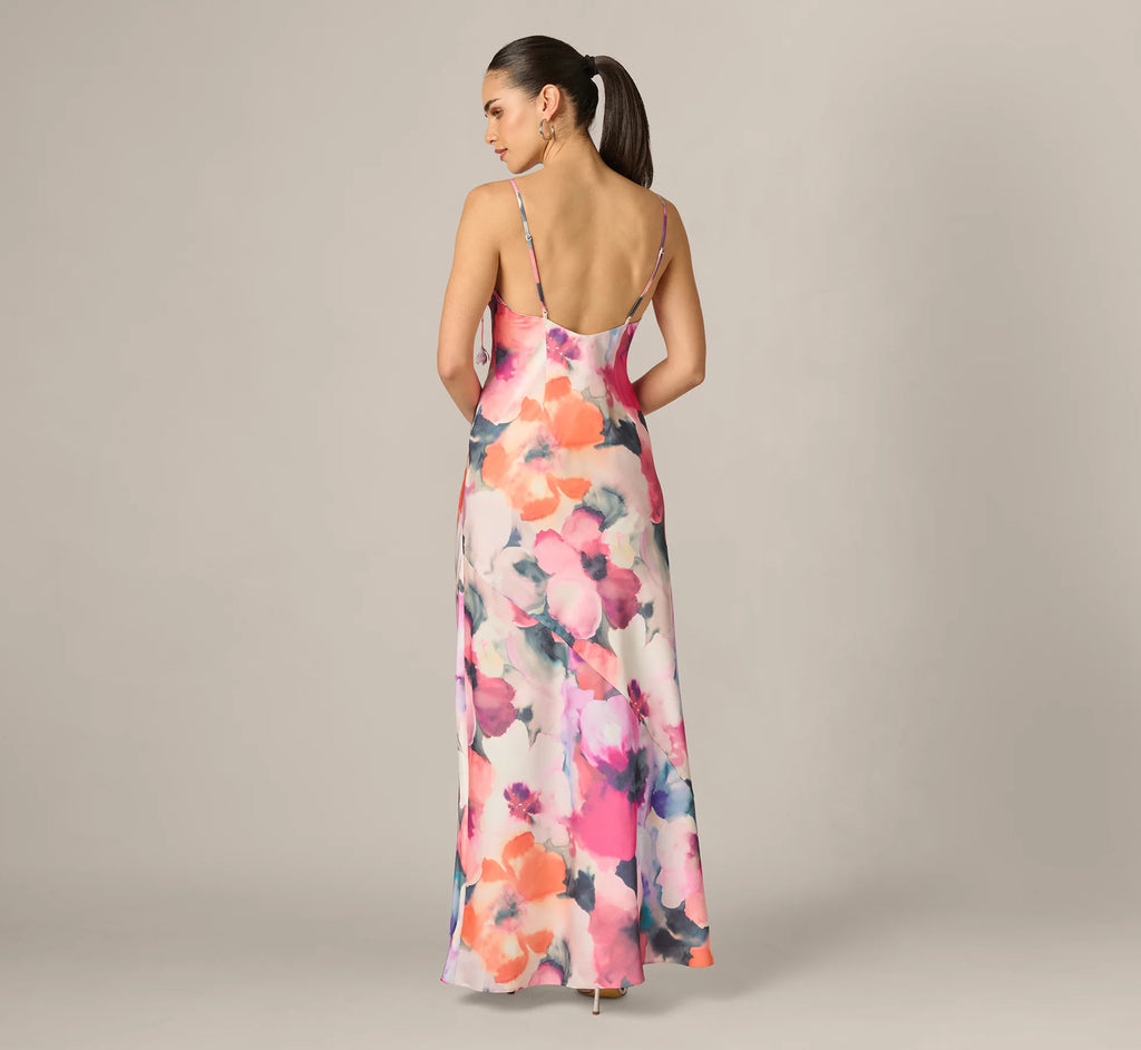 Cowl Neck 3D Floral Sateen Gown In Pink Orange Multi