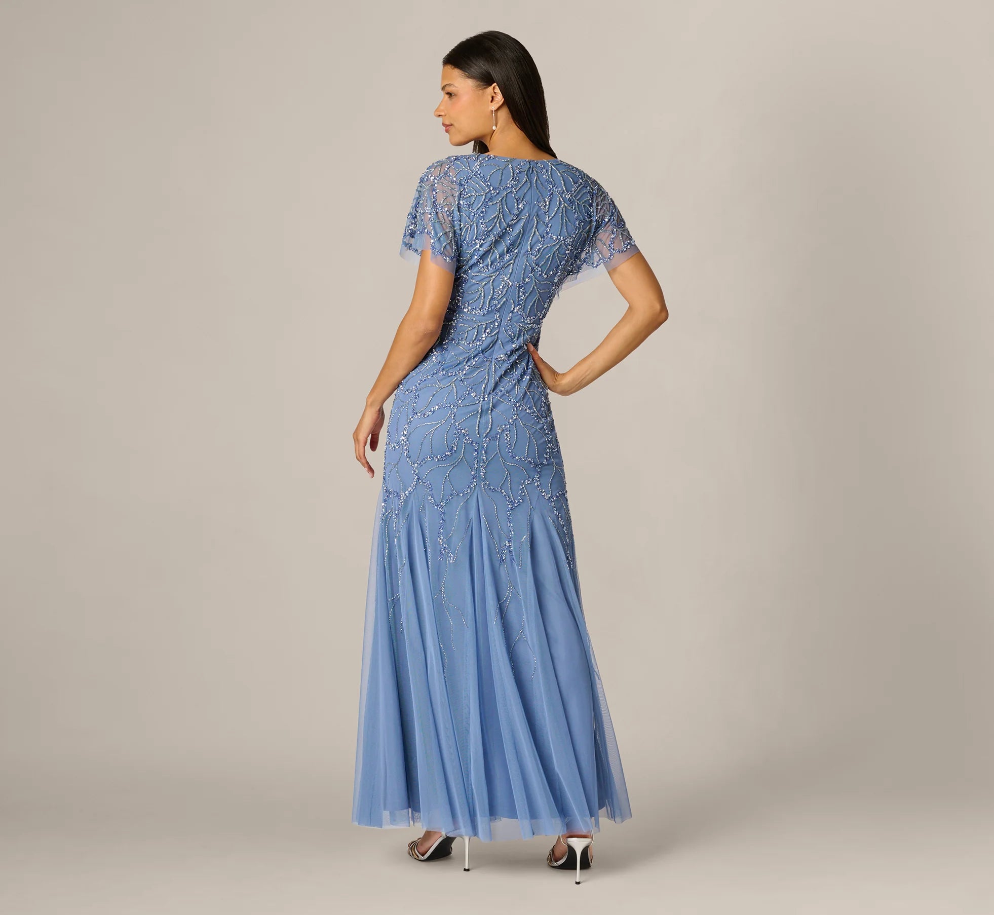 Flutter Sleeve Surplice Beaded Gown In French Blue
