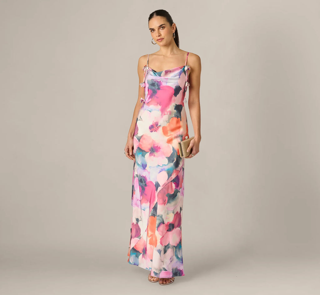 Cowl Neck 3D Floral Sateen Gown In Pink Orange Multi