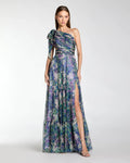 Purple One Shoulder Floral Printed Chiffon Side Cut Out Gown