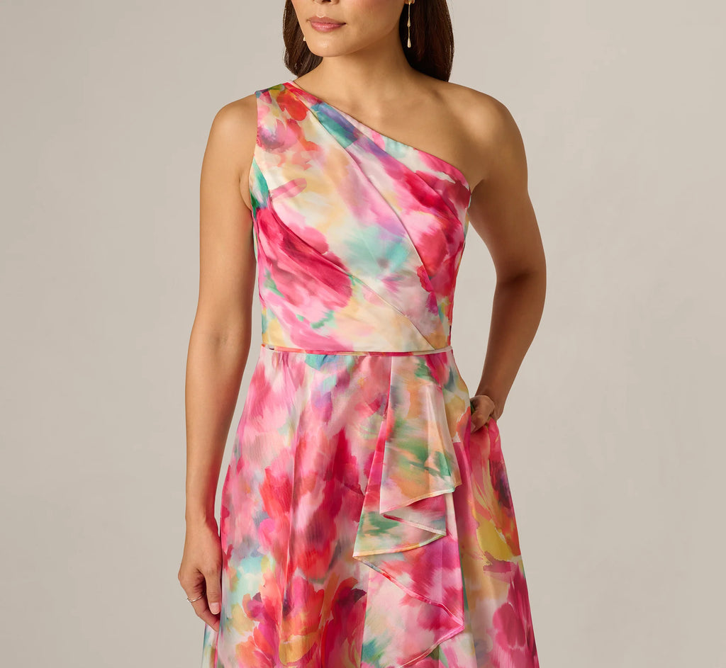Petite One Shoulder Watercolor Organza High Low Midi Dress In Ivory Multi