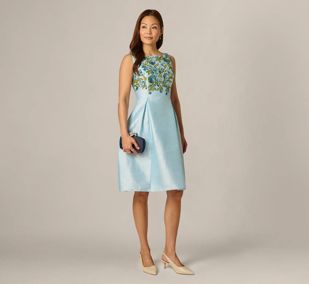 Floral Beaded Shantung Fit And Flare Dress In Sky Multi