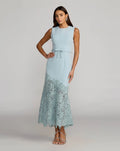 Blue Embroidered Hem Sleeveless Midi Dress with Bow