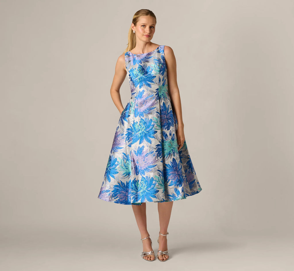 Chrysanthemum Floral Jacquard Fit And Flare Tea Length Dress In Blue Multi