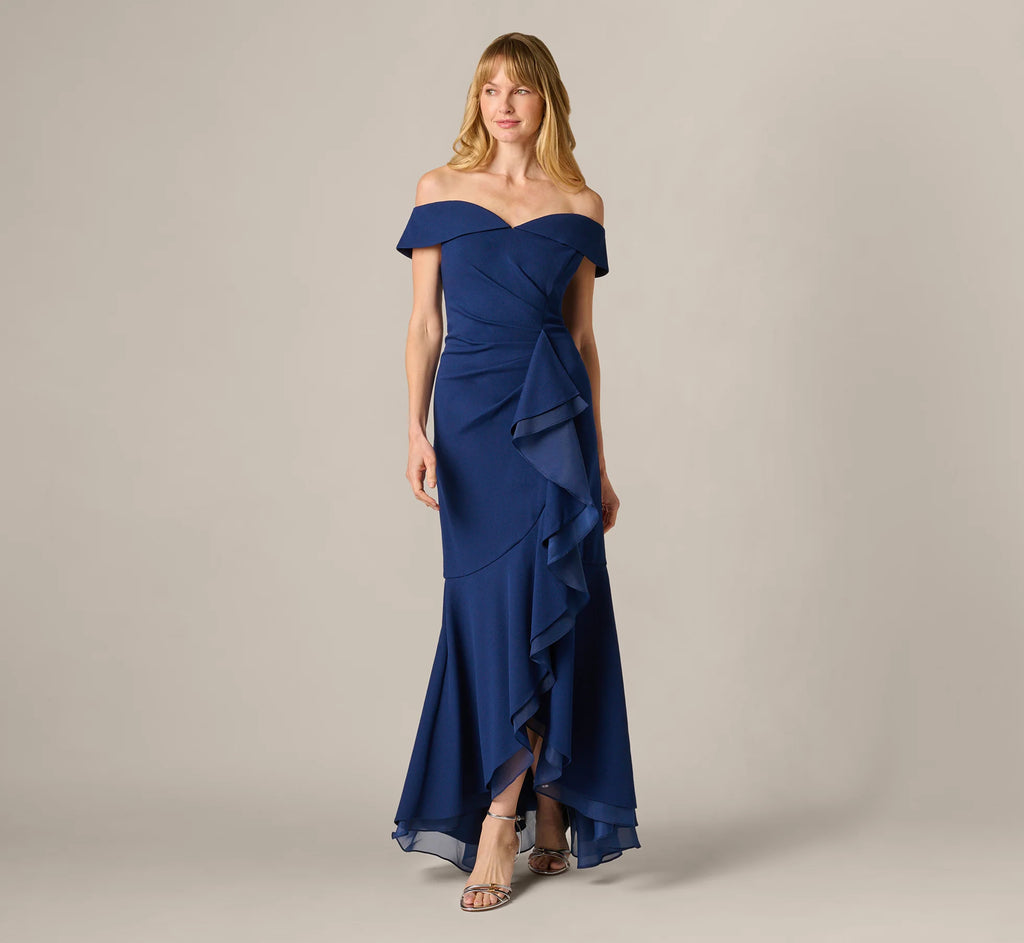 Off Shoulder Stretch Crepe Draped Gown In Navy Sateen