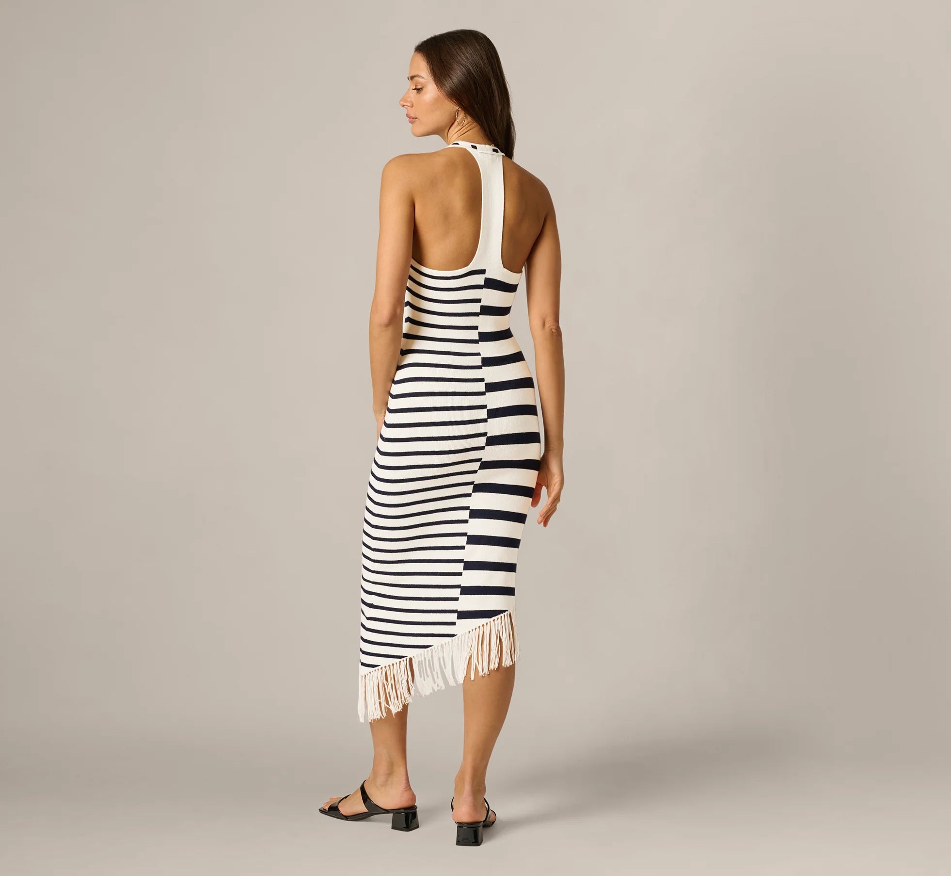 Striped Asymmetrical Fringe Halter Midi Dress In Ivory Navy
