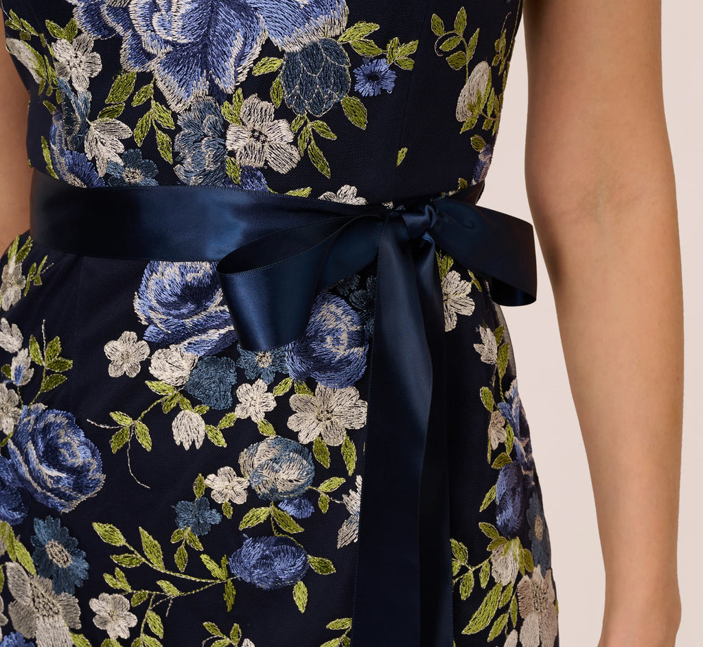 Embroidered Floral Cap Sleeve Column Gown In Navy Multi