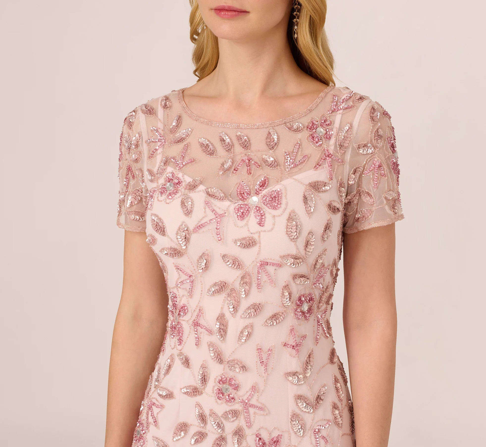 Hand Beaded Short Sleeve Floral Godet Gown In Blush Pink