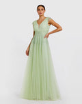 Green Embellished Cap Sleeve V Neck Tulle Gown
